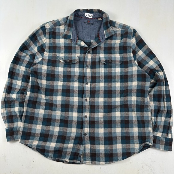 Woolrich Flannel Shirt Men's XL Blue White Plaid Thick Cotton Herringbone Weave - Picture 2 of 13